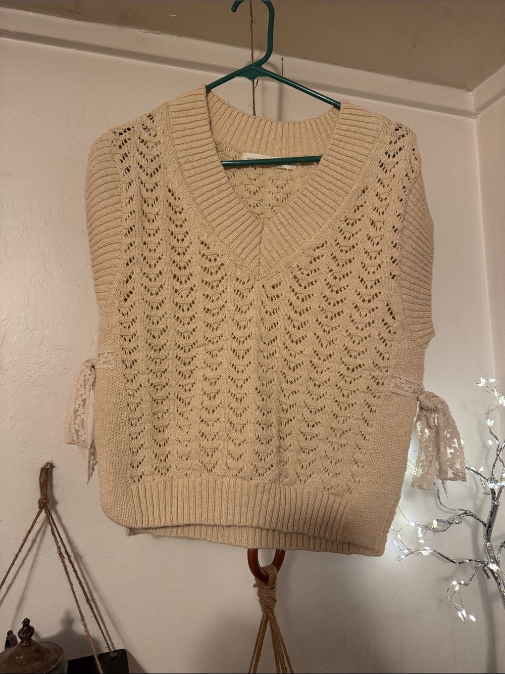 Altar'd State Cream Lace-Tie V-Neck Knit Vest